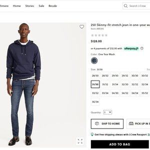J Crew 250 Skinny Fit Stretch Jean in One Year Wash Sz 31 / 30 - AW285 BNWT +